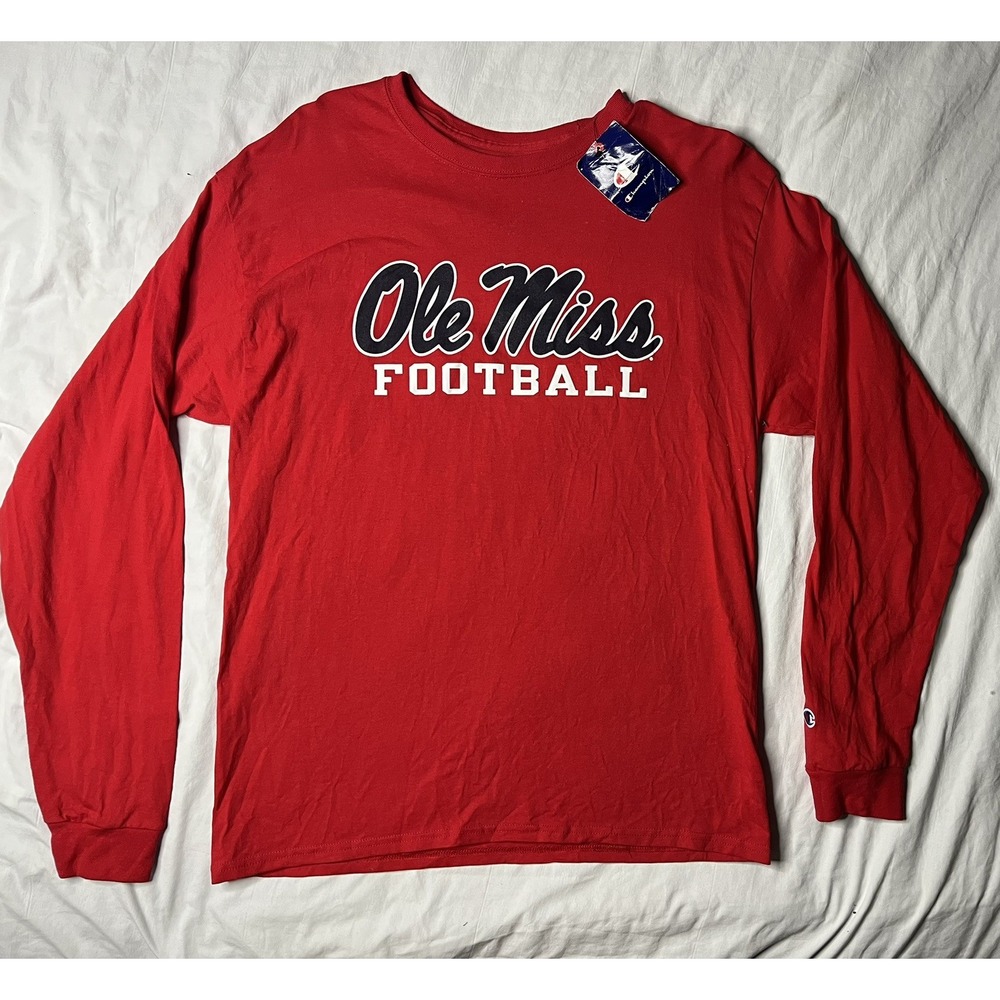 NWT Champion Ole Miss Rebels T Shirt Men's Size Large Red Long Sleeve Crew Neck